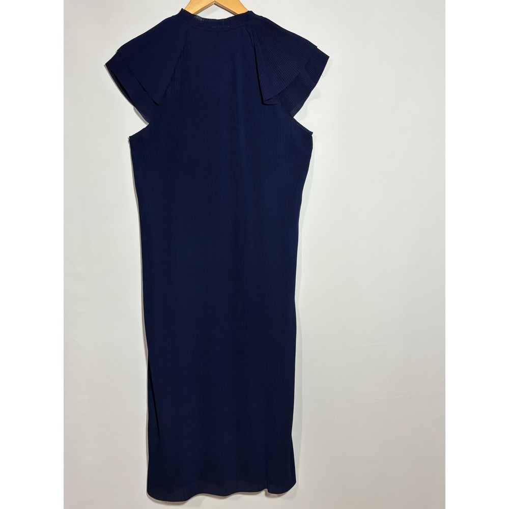 J.McLaughlin Aisha Dress Navy Blue Micro-Pleated Flutter Sleeve Midi Small NEW - Picture 2 of 14